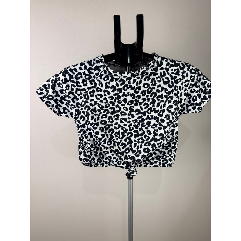Leopard Print Swim Top Black White‎ Short Sleeve Front Tie Crop Rash Guard
